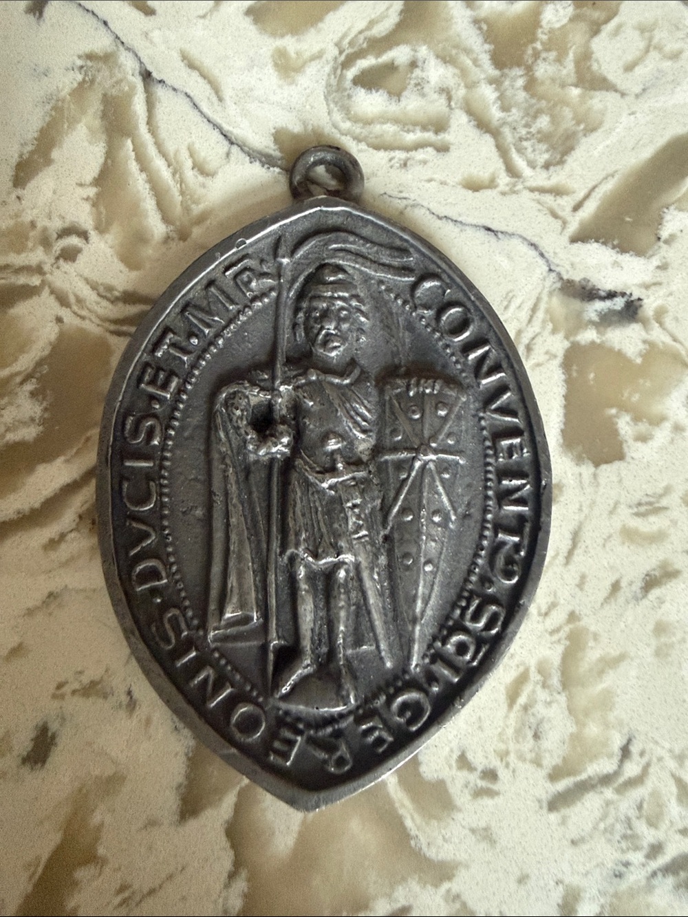 Vintage Shield Medallion Pendant in Pewter- Home Accents